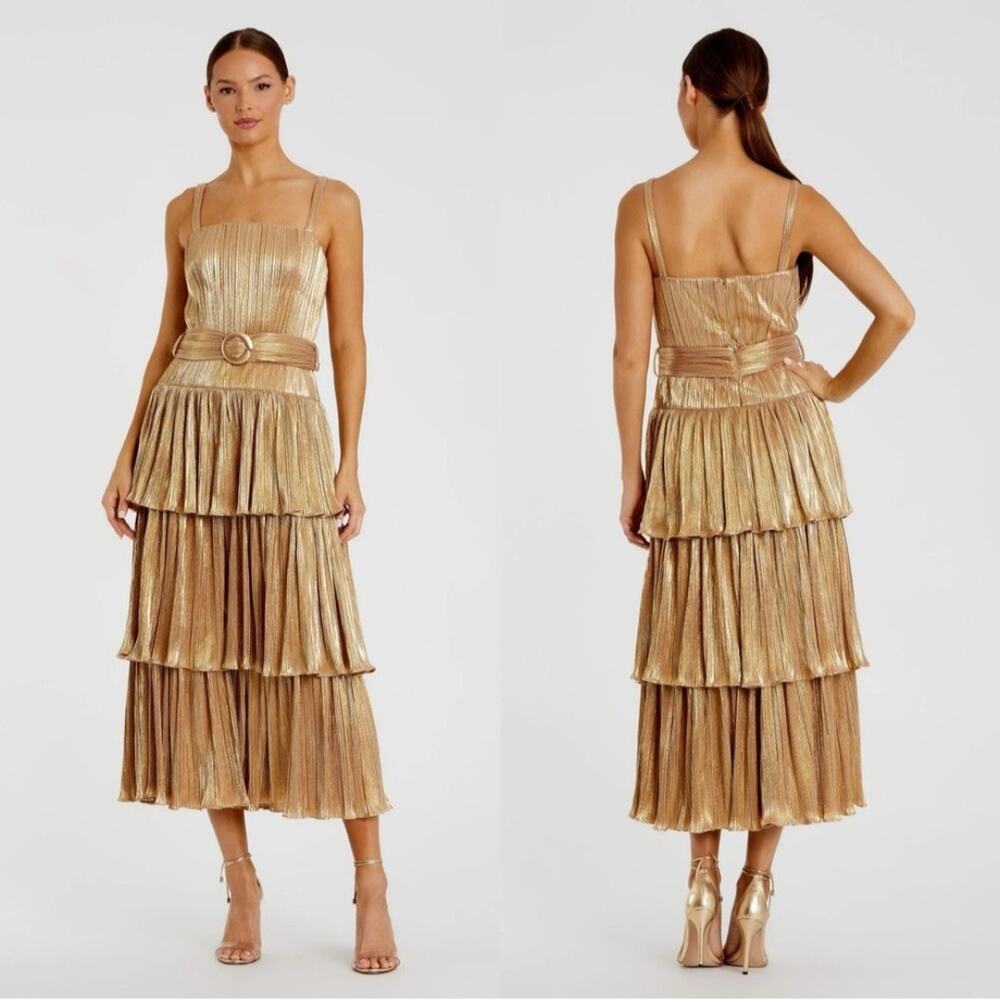 Mac Duggal 27062 Ruffle Tier Midi Metallic Gold Pleated Belted Dress Size 6